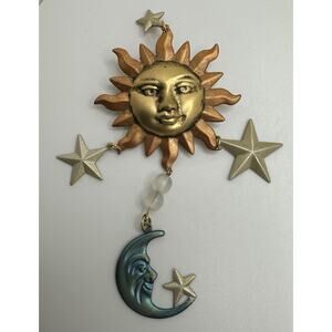 Vintage Sun Moon Celestial Thin Metal Pin Broach Repaired? Hand Made?